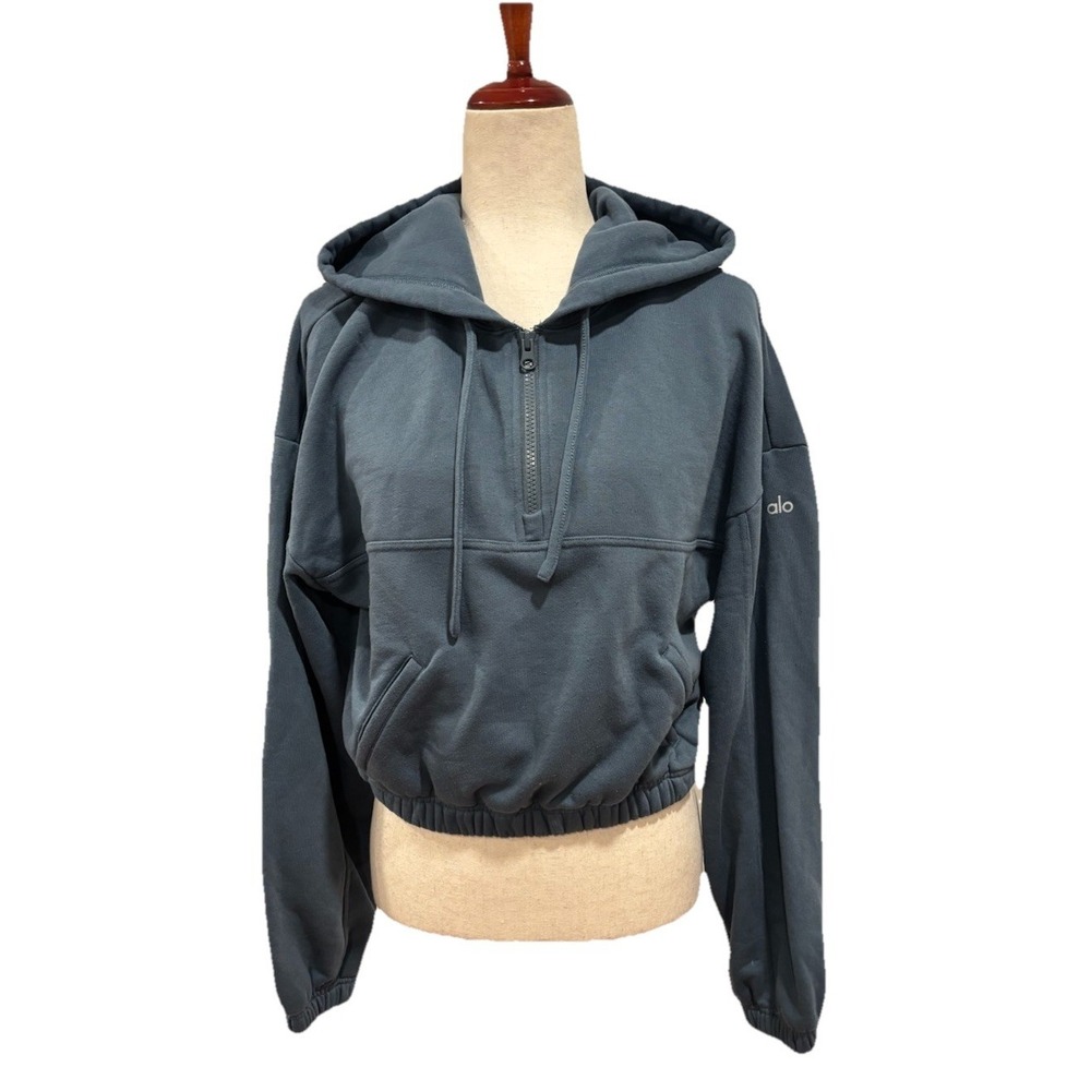 Alo Yoga Stadium Half Zip Hoodie Cropped Length In Blue Green Size XS